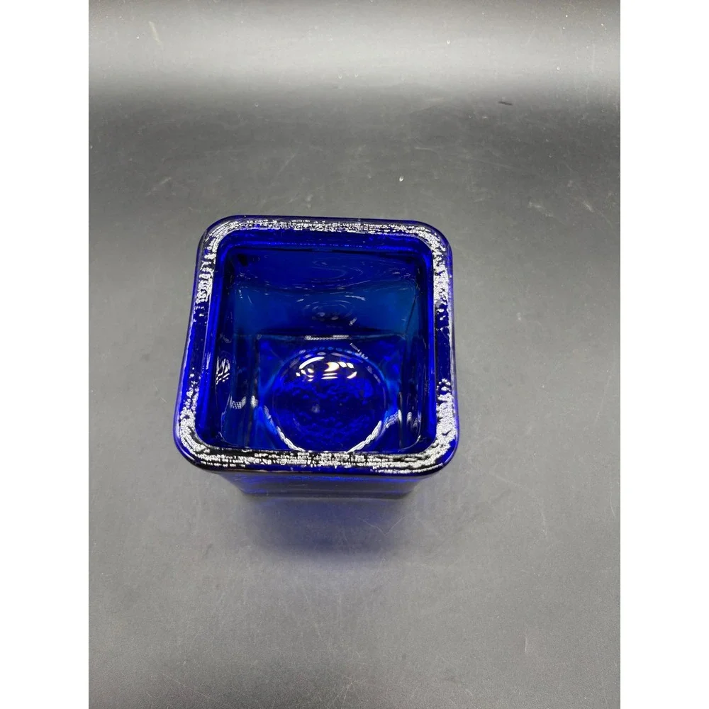Cobalt Blue Glass Square Votive Candle Holder Textured Rim Decorative Mini Vase